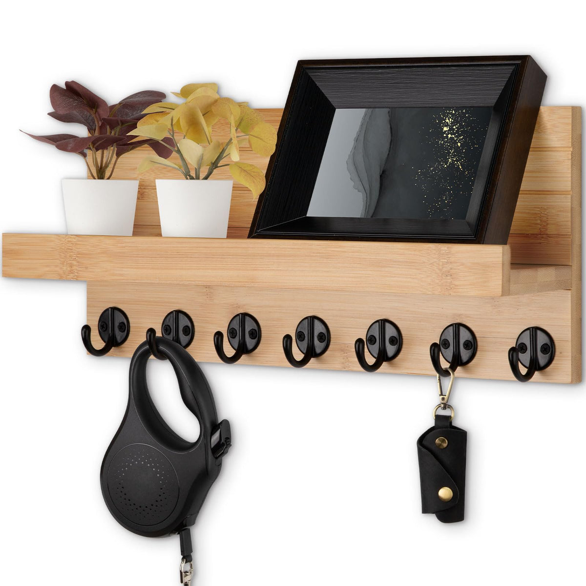 Lwenki Key Holder Wall Mount, Entryway Key and Mail Holder with 7 Sturdy Hooks for Sunglasses, Dog Leash, Decorative Wall Shelf with Mounting Hardware, 15”W x 6.7”H x 4.2”D