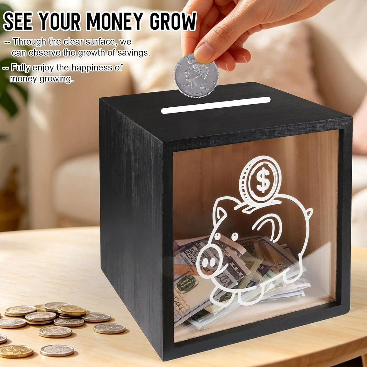 Unopenable Clear Piggy Bank, ONE Gallon Must Break to Open Money Saving Box Money Bank Holder Jar for Cash Saving, Clear Unbreakable Smash Box Change Coin Bank Jar Cash Box for Adults, Black