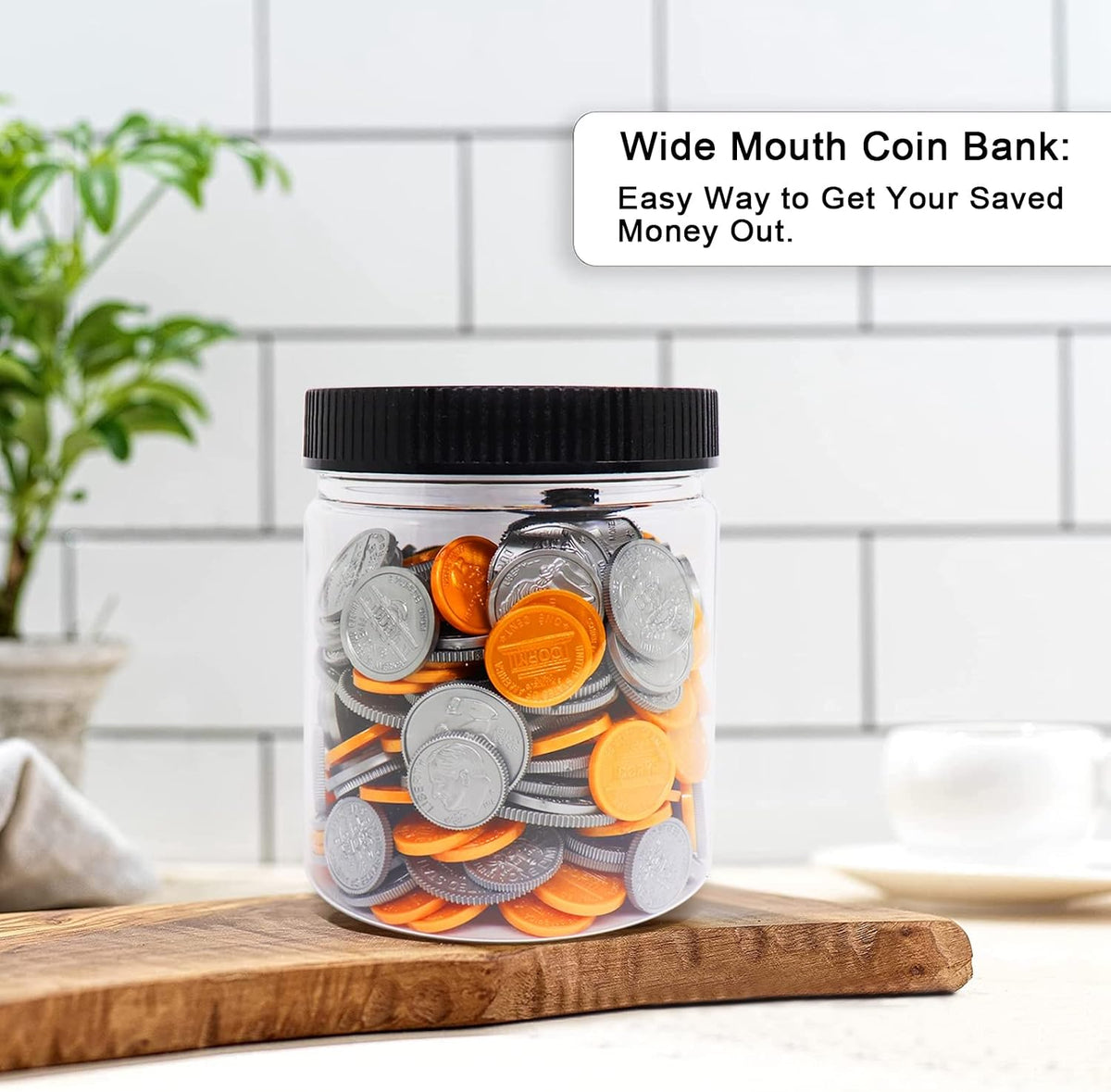Small Coin Bank 4-Pack, 16oz Clear Plastic Money Jars With Black Slotted Lids, Transparent Piggy Banks for Adults, Teens, Kids, Girls, Boys