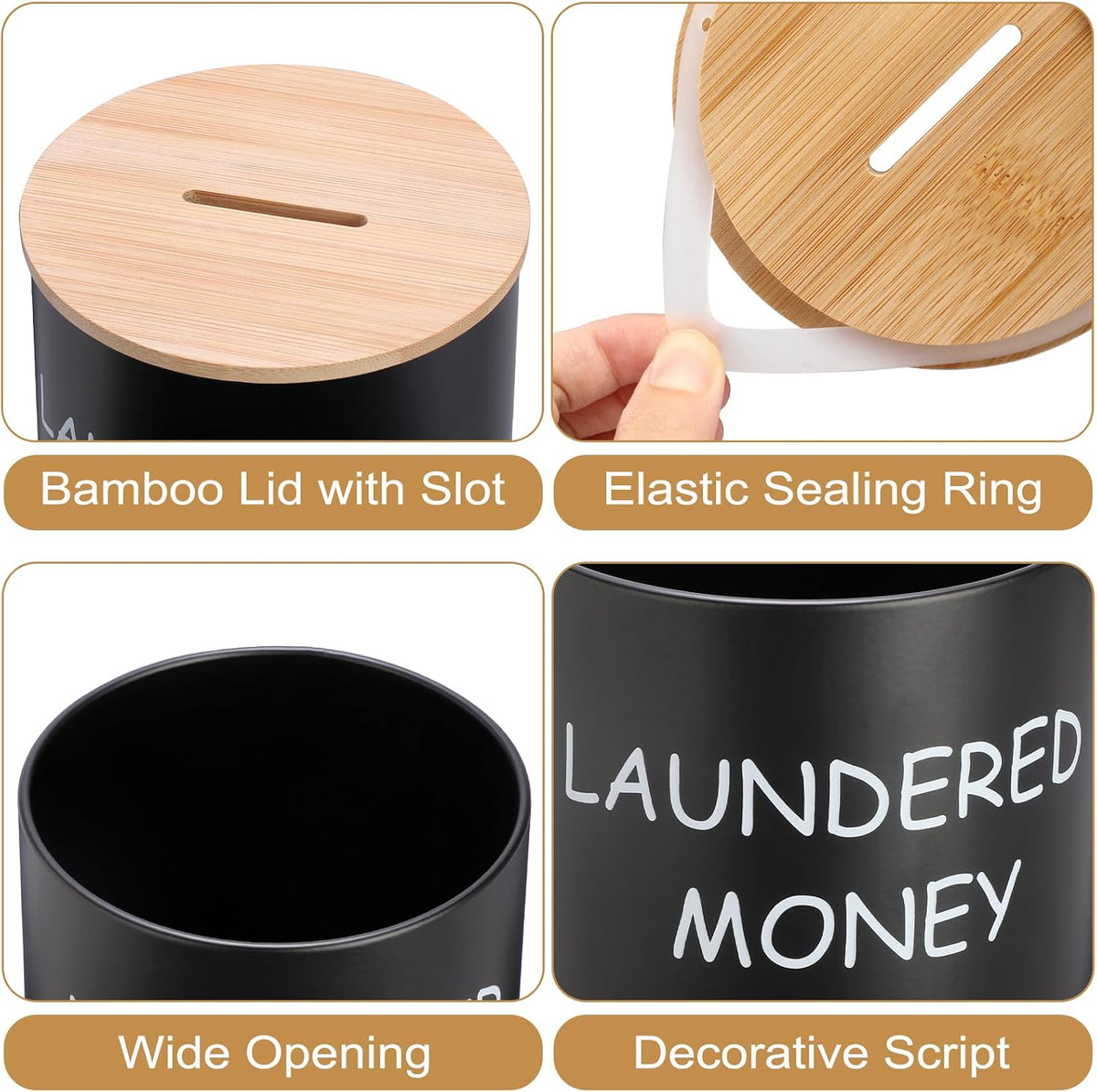 Laundry Room Coin Bank Jar with Money Slot and Wooden Lid, Black