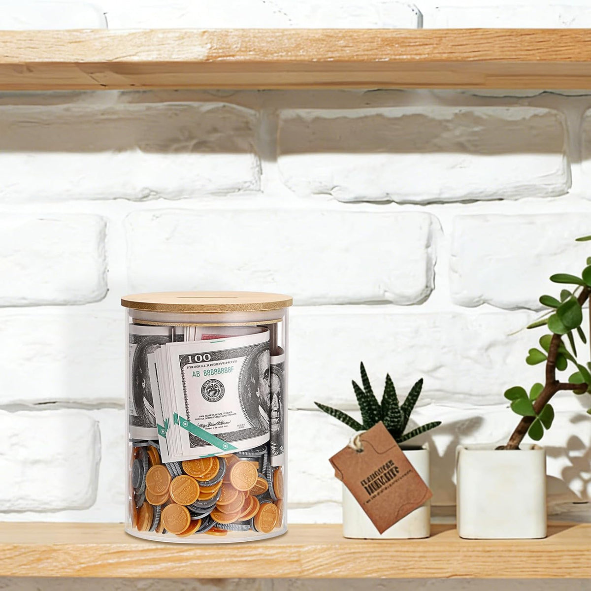 Laundry Room Coin Bank Jar with Money Slot and Wooden Lid for Adult