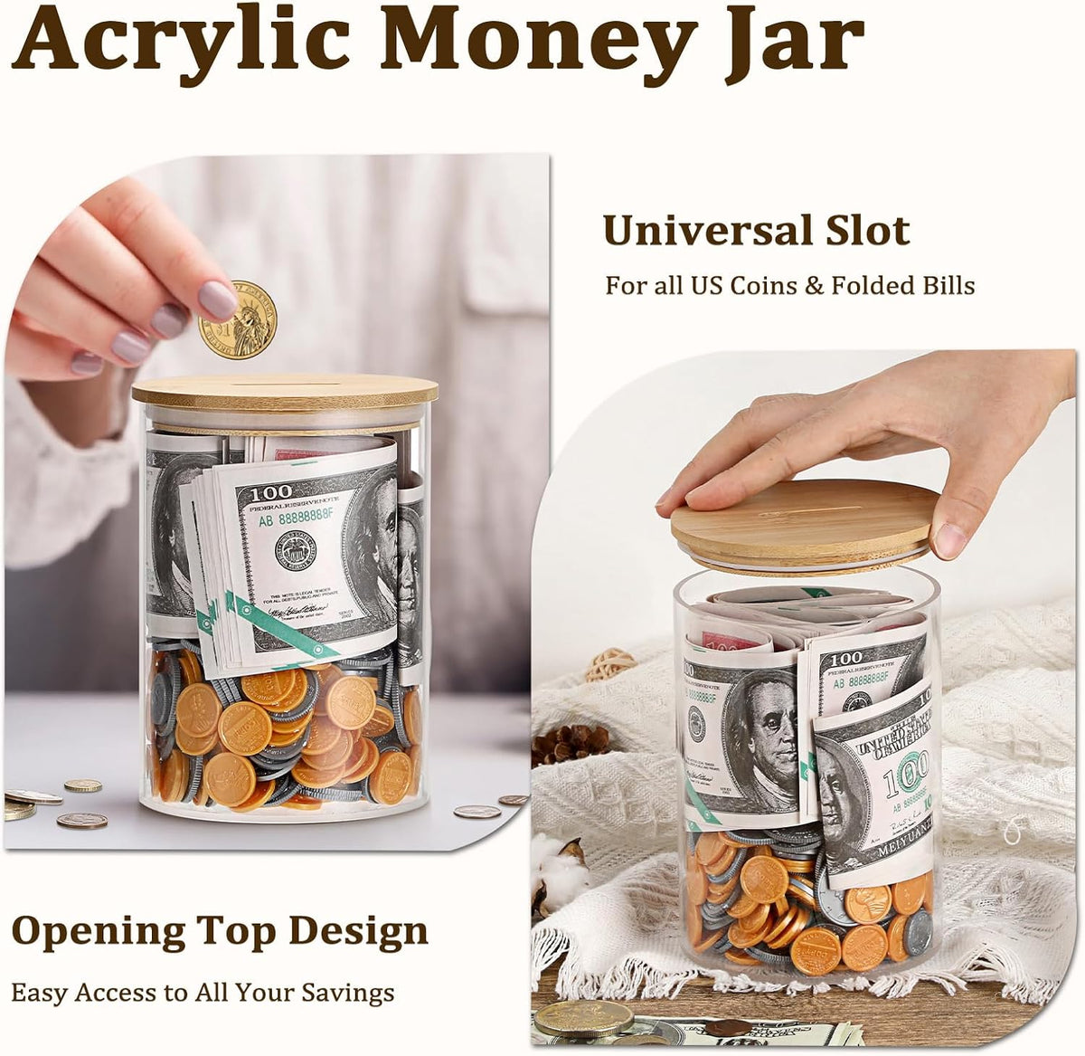 Laundry Room Coin Bank Jar with Money Slot and Wooden Lid for Adult
