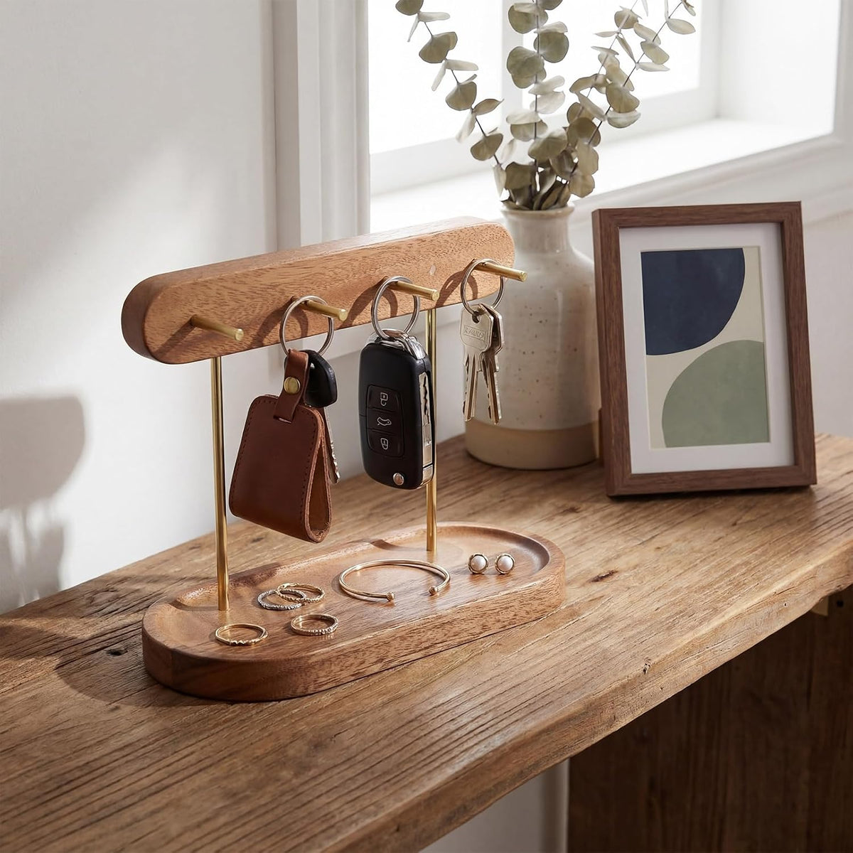RattanView Solid Walnut Entryway Key Holder for Table, Mid-Century Key Stand with Tray, Wood Keys Holder with 4 Hooks, Jewelry Tray & Dish for Wallet Rings Catchall
