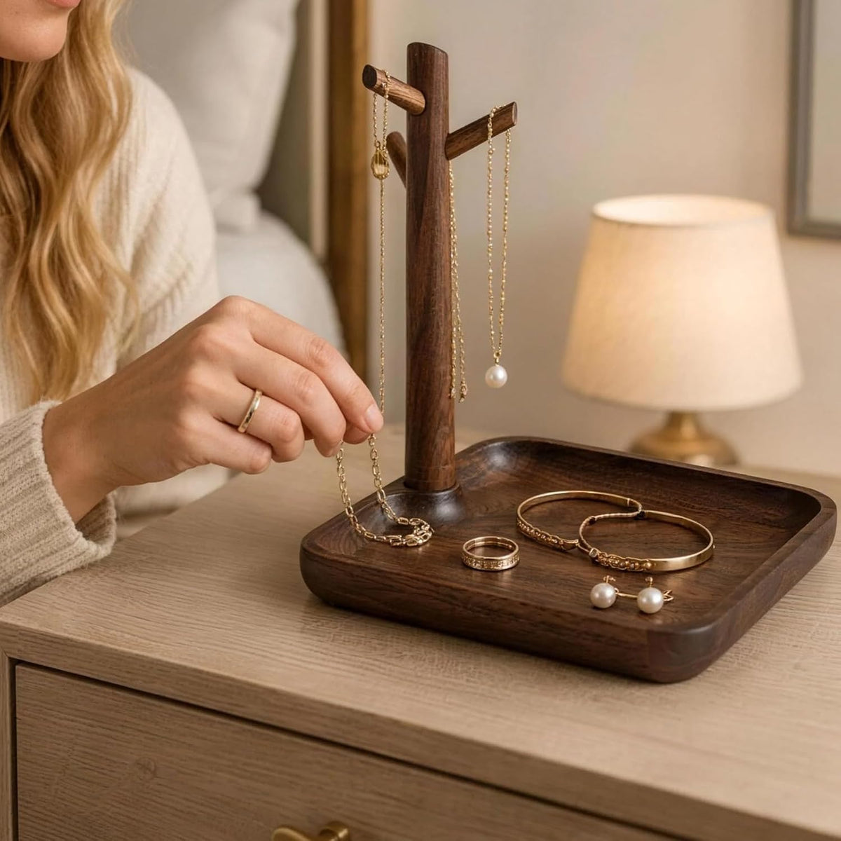 Walnut Tray, Entryway Key Organizer with Tree Hooks for Keys and Jewelry