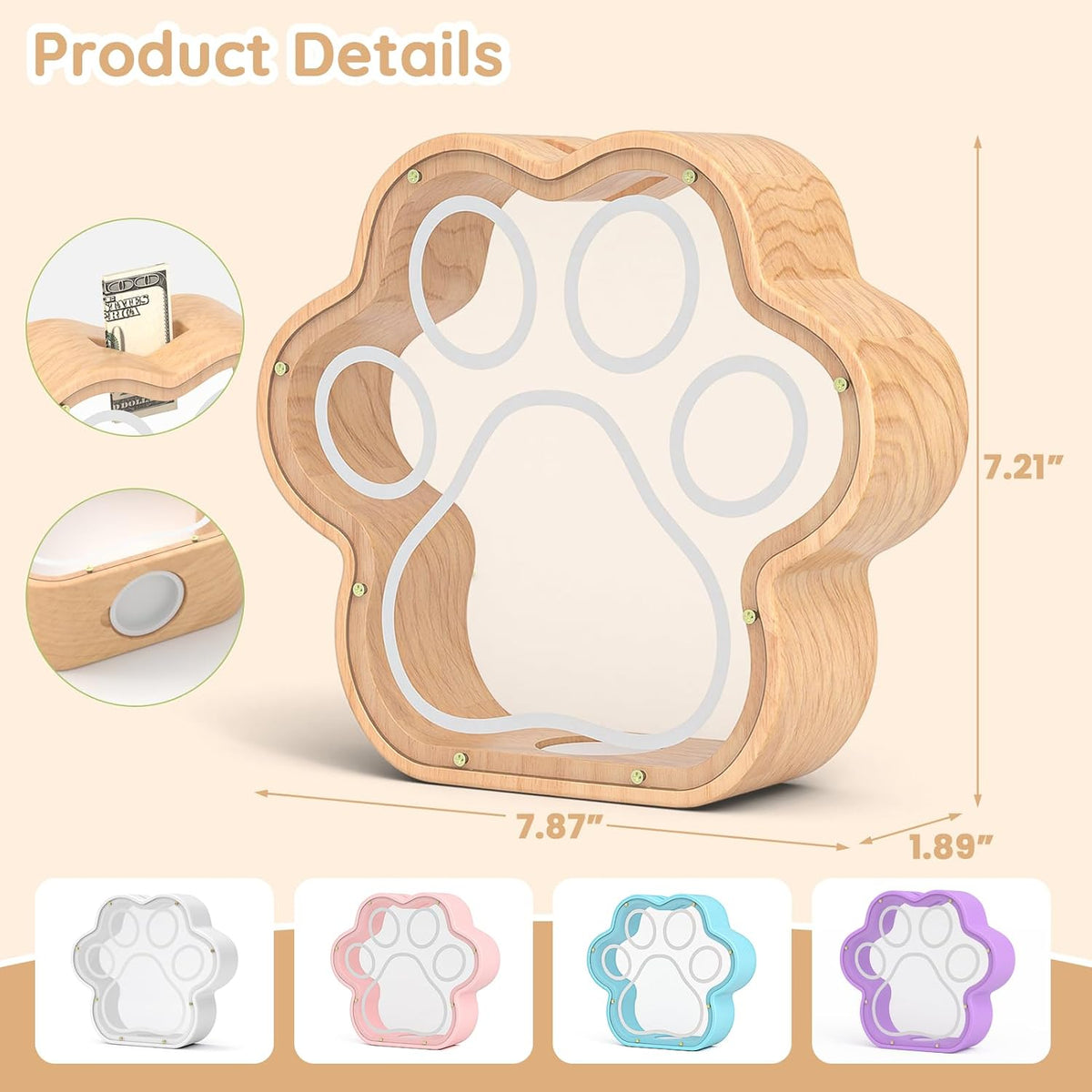 KMC Wooden Piggy Bank for Kids, Natural Cat Dog Paw Coin Bank with Stickers