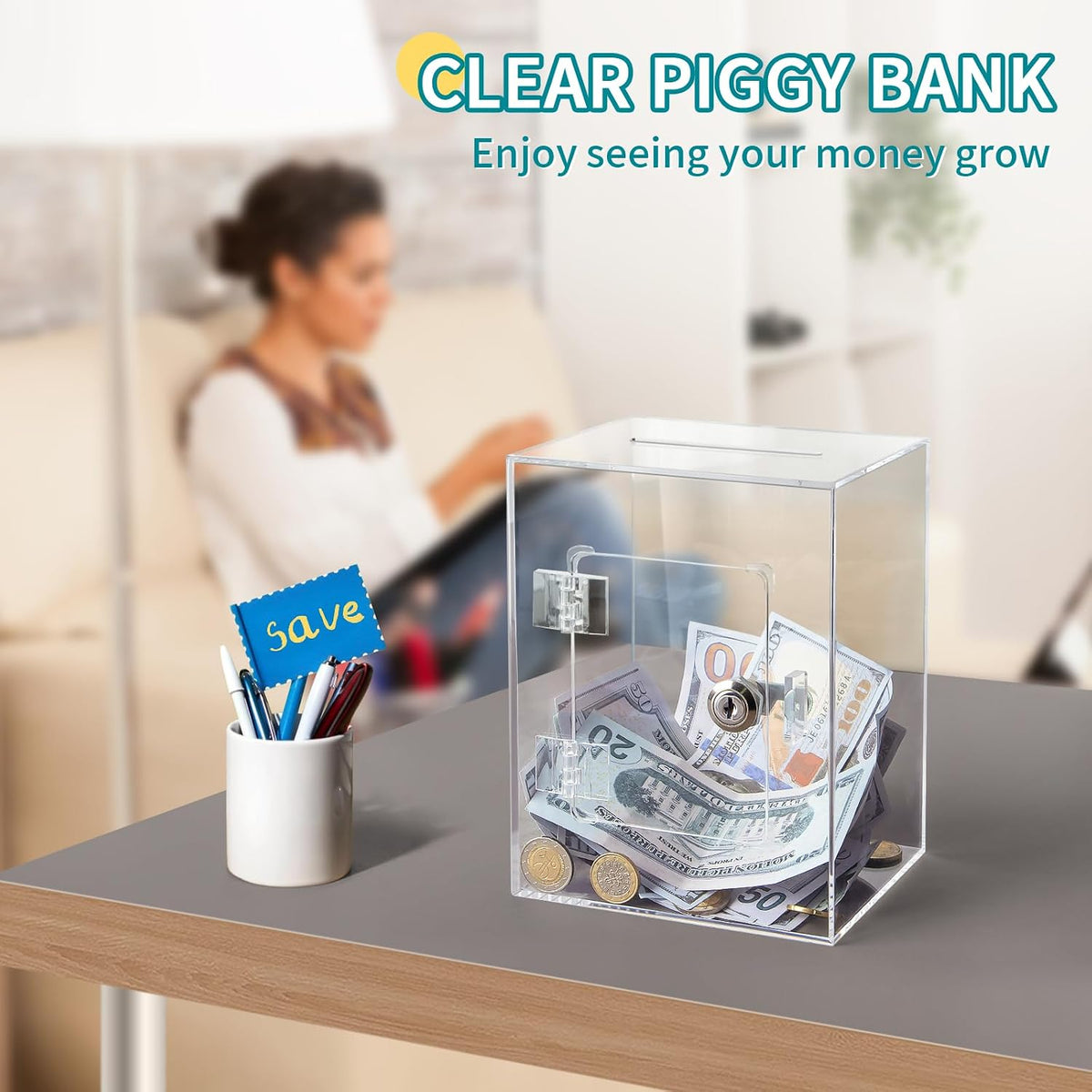 Clear Piggy Bank with Lock & Key for Adults Kids, Acrylic Money Saving Box