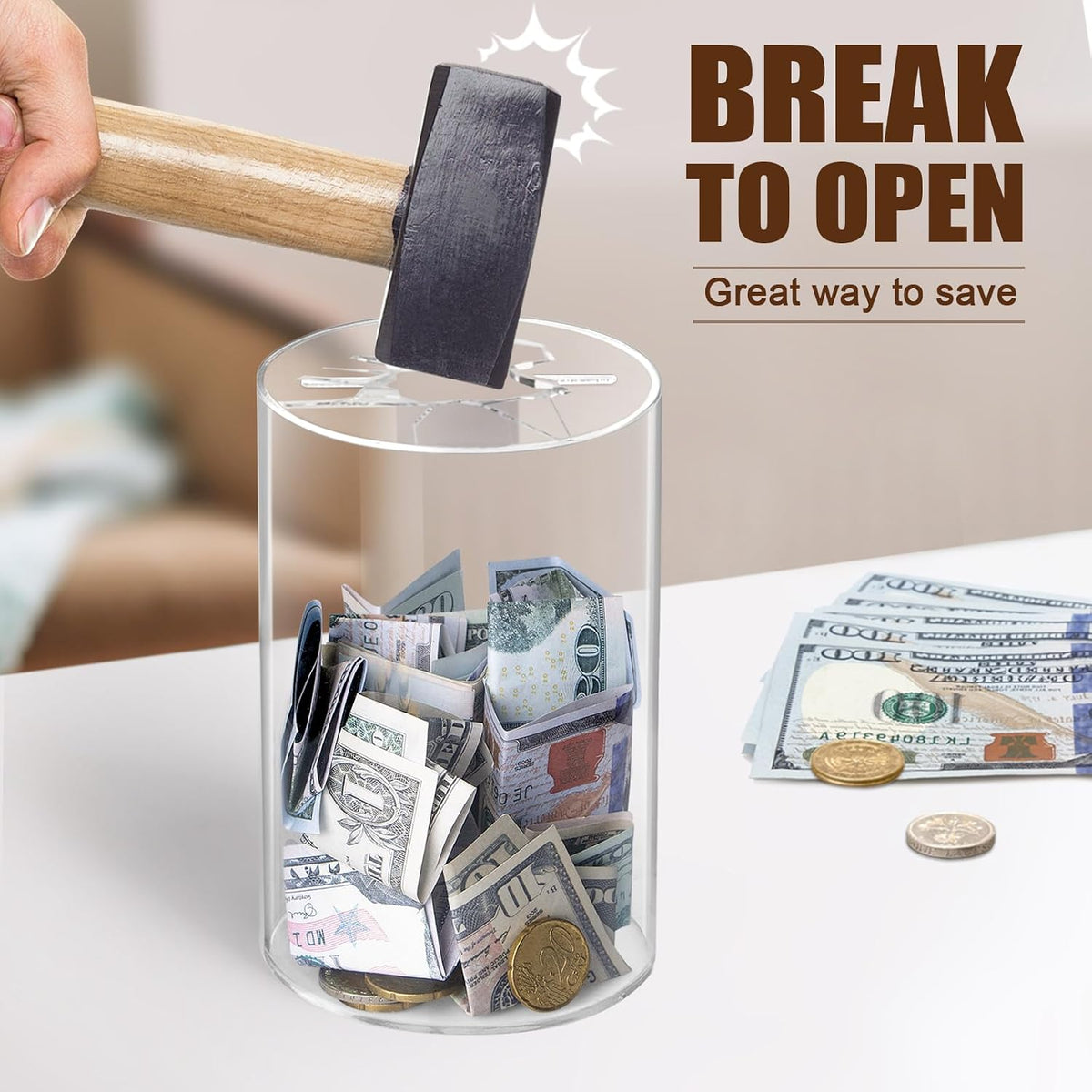 Hicocool Clear Piggy Bank, Must Break to Open, Acrylic Money Bank, 6"x3.54"