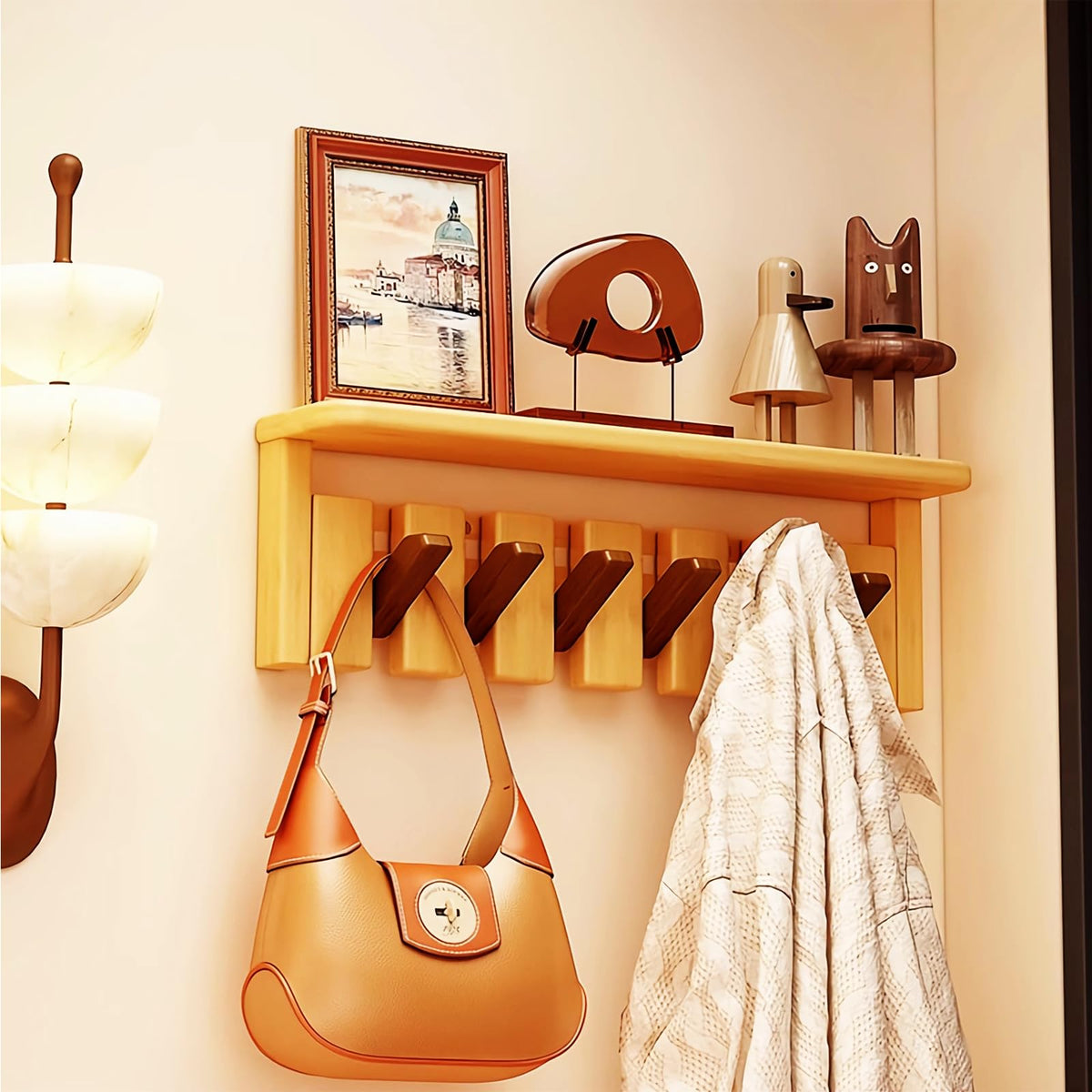 Paint Wood Wall Mounted Coat RackHooks Piano Key Hangers Natural Solid Wood Hanger Non-Woven Fabric Clothes Hangers for Closet, Kitchen, Bedroom, Bathroom, Entryway (Walnut-Beech, 8 Hooks)
