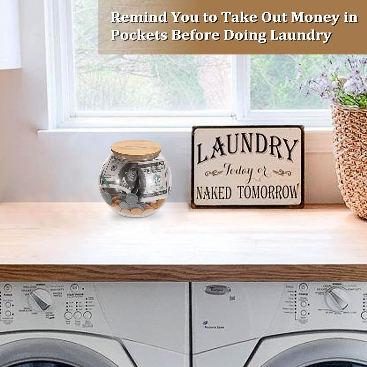 Laundry Room Coin Bank Jar with Money Slot and Wooden Lid for Adult