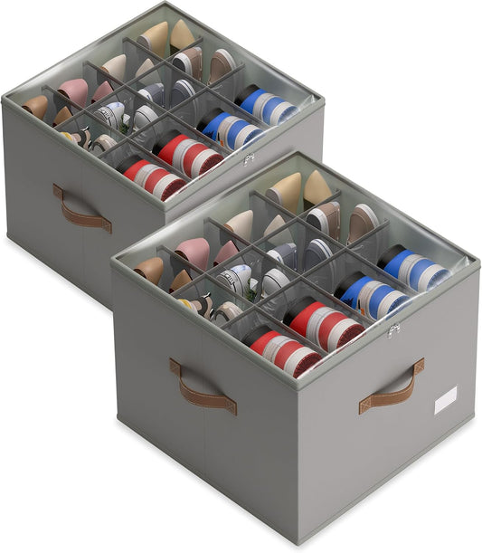 Vincona Shoe Organizer for Closet, 2 Pack Foldable Shoe Storage Bins with Clear Cover & Handles, 16-Compartment Shoe Box for Sneakers, Heels, Boots, Space-Saving Shoe Rack for Entryway, Dorm, RV