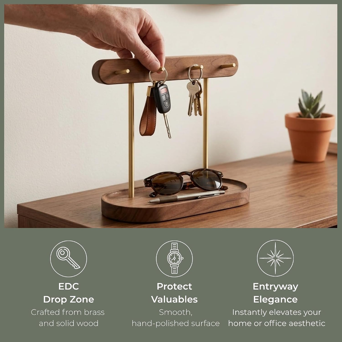 muso wood Walnut Entryway Key Stand with 4 Hooks for Keys & Jewelry