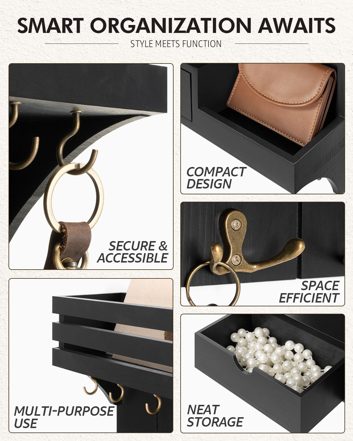 Rebee Vision Key Holder Wall Mount with 9 Key Hooks for Home Decor, Black