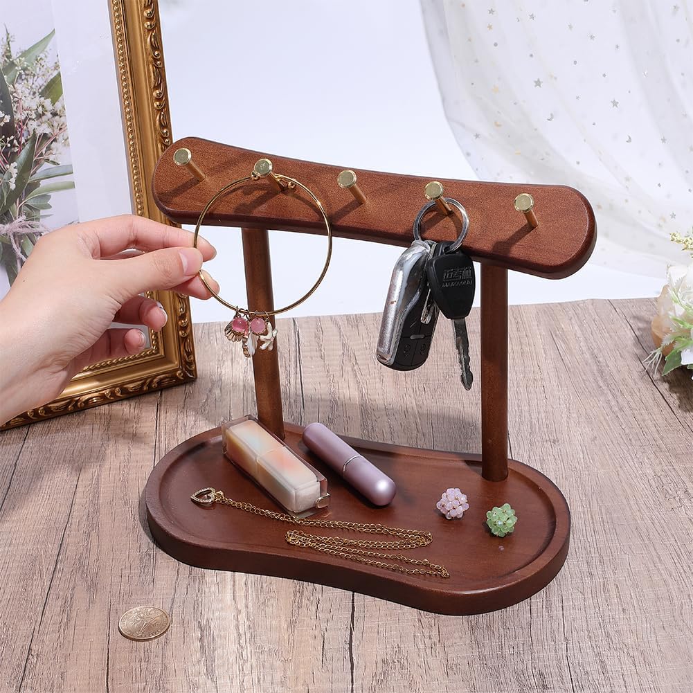 1Pcs Wooden Key Holder with Tray Wood Key Stand Holder Tray Wooden Keys Holders with 5 Hooks Entryway Table Keys Stand Tabletop Necklace and Jewelry Organizer for Home Office