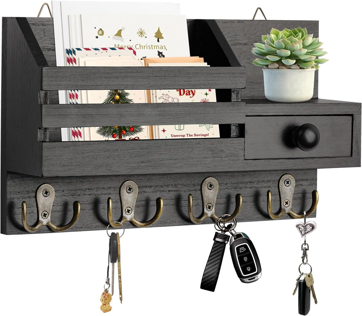 Key Holder Wall Mount, Wooden Key and Mail Organizer, Black
