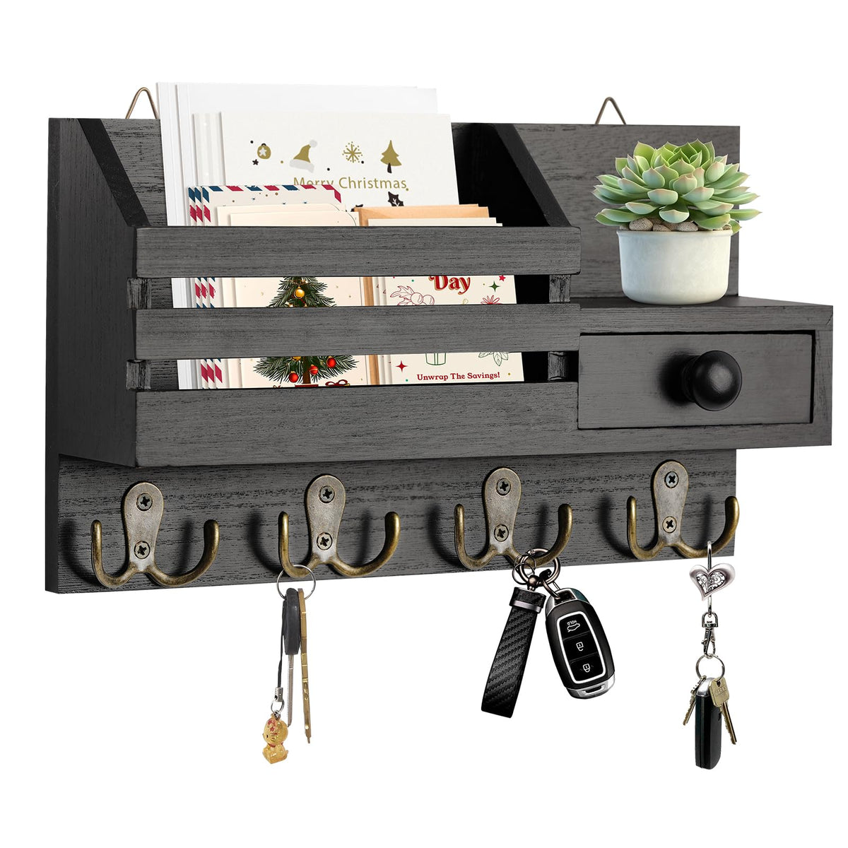 Key Holder Wall Mount, Wooden Key and Mail Organizer, Black