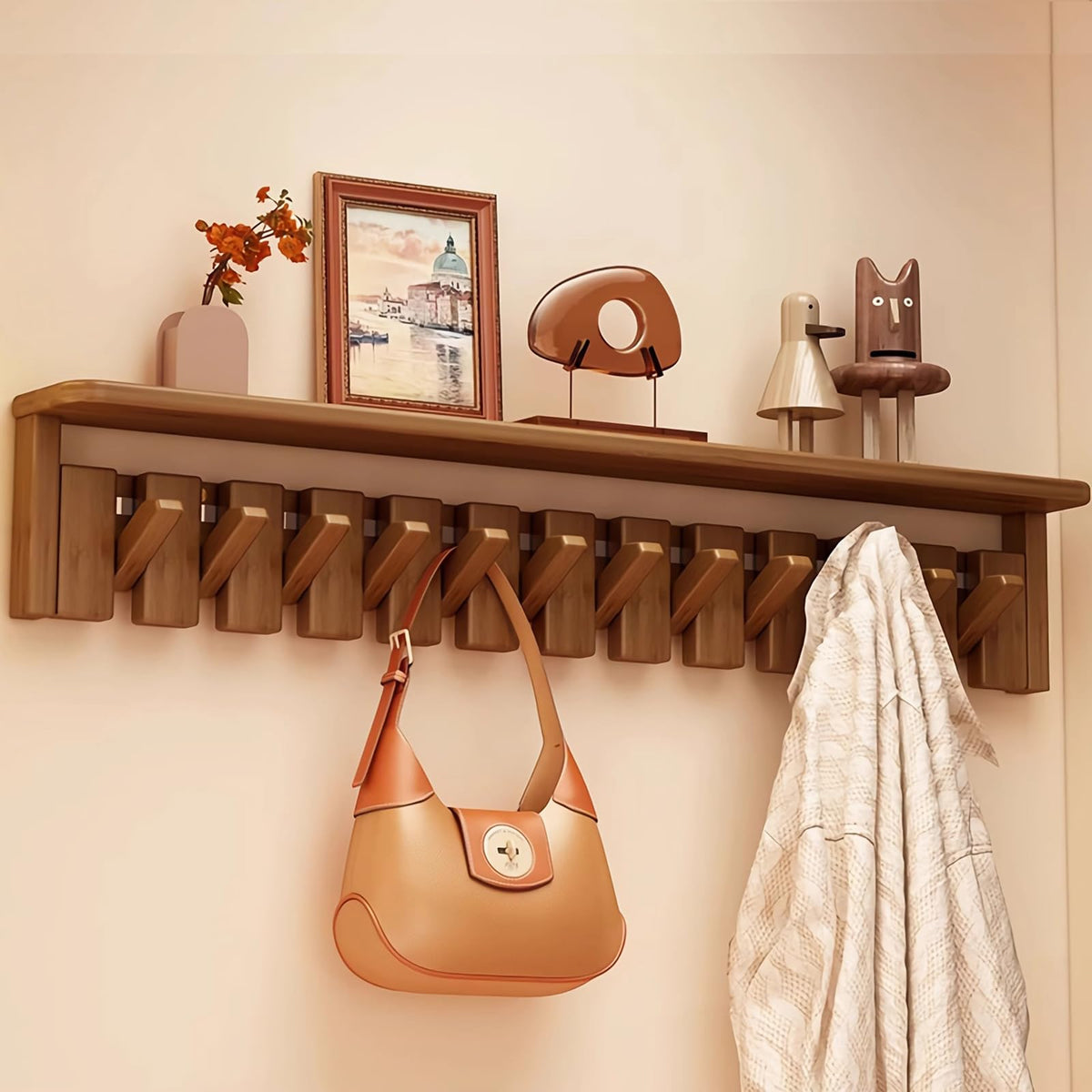 Paint Wood Wall Mounted Coat RackHooks Piano Key Hangers Natural Solid Wood Hanger Non-Woven Fabric Clothes Hangers for Closet, Kitchen, Bedroom, Bathroom, Entryway (Walnut-Beech, 8 Hooks)
