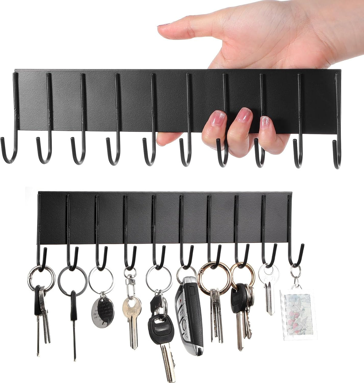 2 Pcs Magnetic Key Holder for Fridge with 10 Hooks, Magnetic Utensil Holder for Wall, Strong Magnetic Key Hanger Hooks Organizer, Magnent Key Rack for Kitchen Metal Door Garage Tools Towel Purse