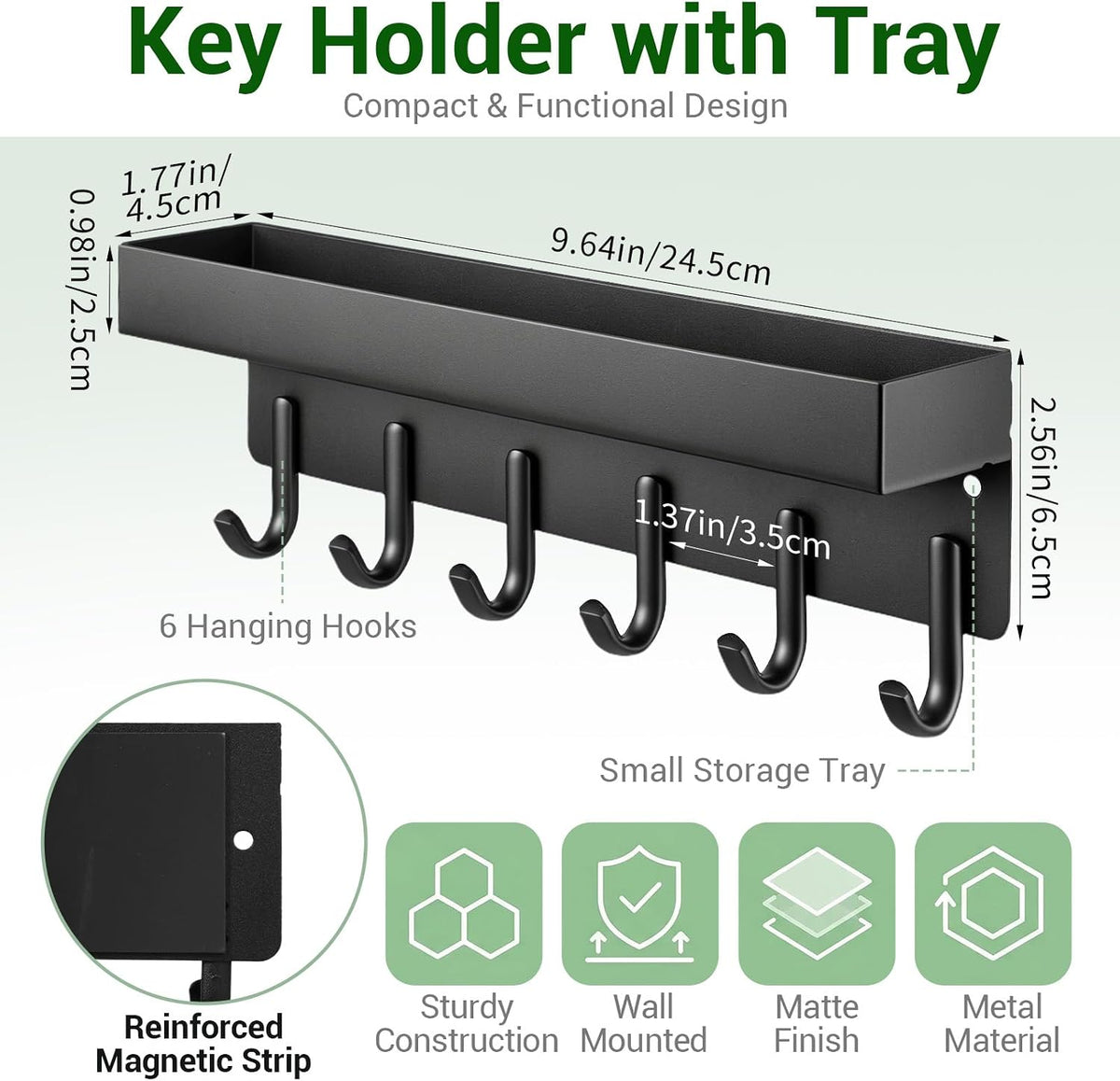 2 Pcs Magnetic Key Holder Wall Mount, Compact Metal Key-Rack with Tray, 6 Hooks Each, Black, Wall Mount Key Holder for Entryway Organization