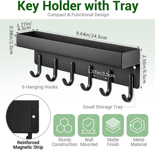 2 Pcs Magnetic Key Holder Wall Mount, Compact Metal Key-Rack with Tray, 6 Hooks Each, Black, Wall Mount Key Holder for Entryway Organization