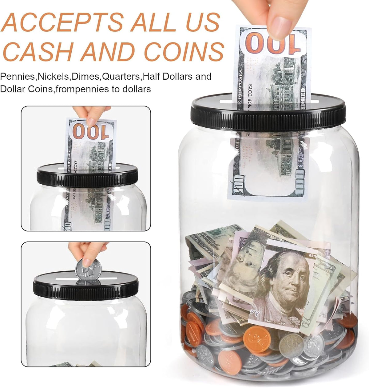 2 Pack Clear Large Piggy Bank with Slotted Lid, 4/5 Gallon Plastic Money Saving Jar Bank Box Container for Cash Saving, Money Coin Change Bank Penny Piggy Jar Bank for Adults Kids