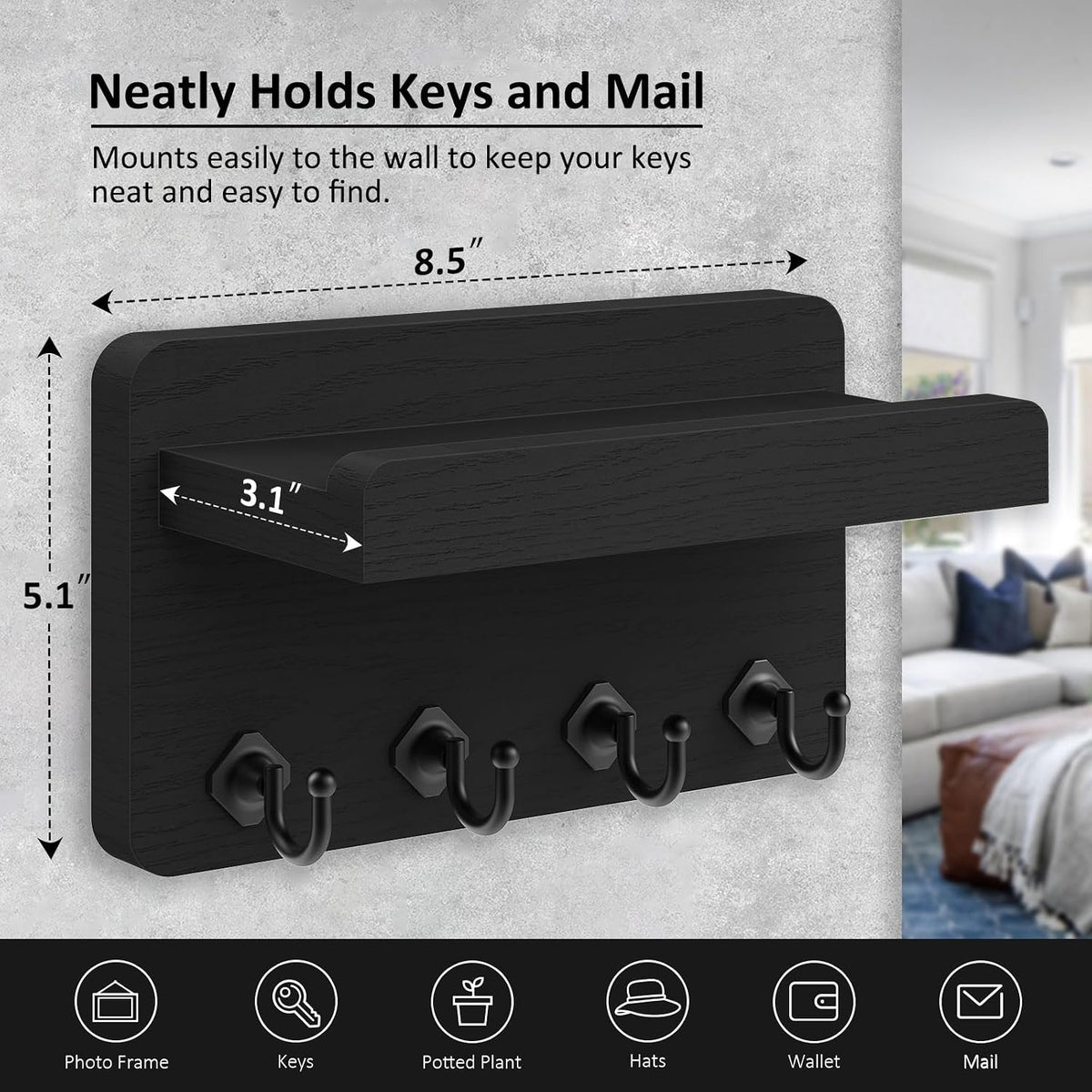 Nekon Key Holder Wall Mount, 8.5 Inch Small Wooden Wall Organizer, Black