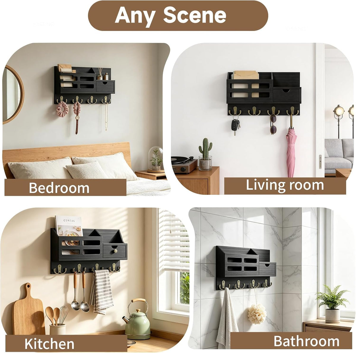 Key Holder Wall Mount Black Key Holder with Drawer& Mail Slot