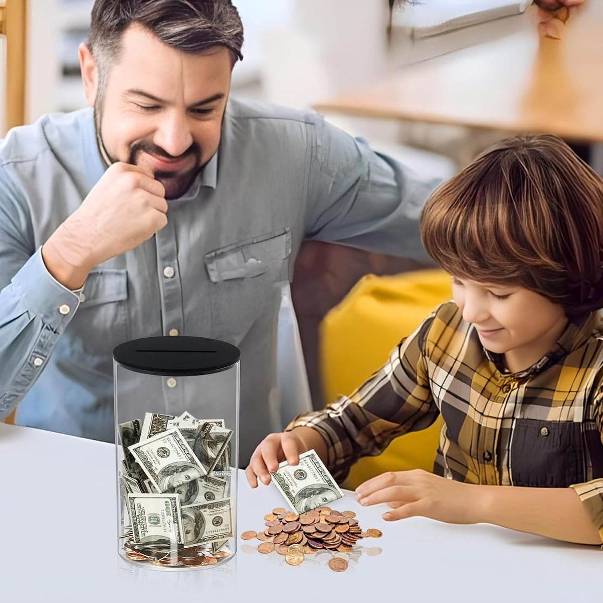 Klmnop Acrylic Piggy Bank, Openable Piggy Bank for Kids with Black Lid, Repeatable Money Saving Jar, Clear Money Jar for Cash Saving(Black 2.8"×4.5")