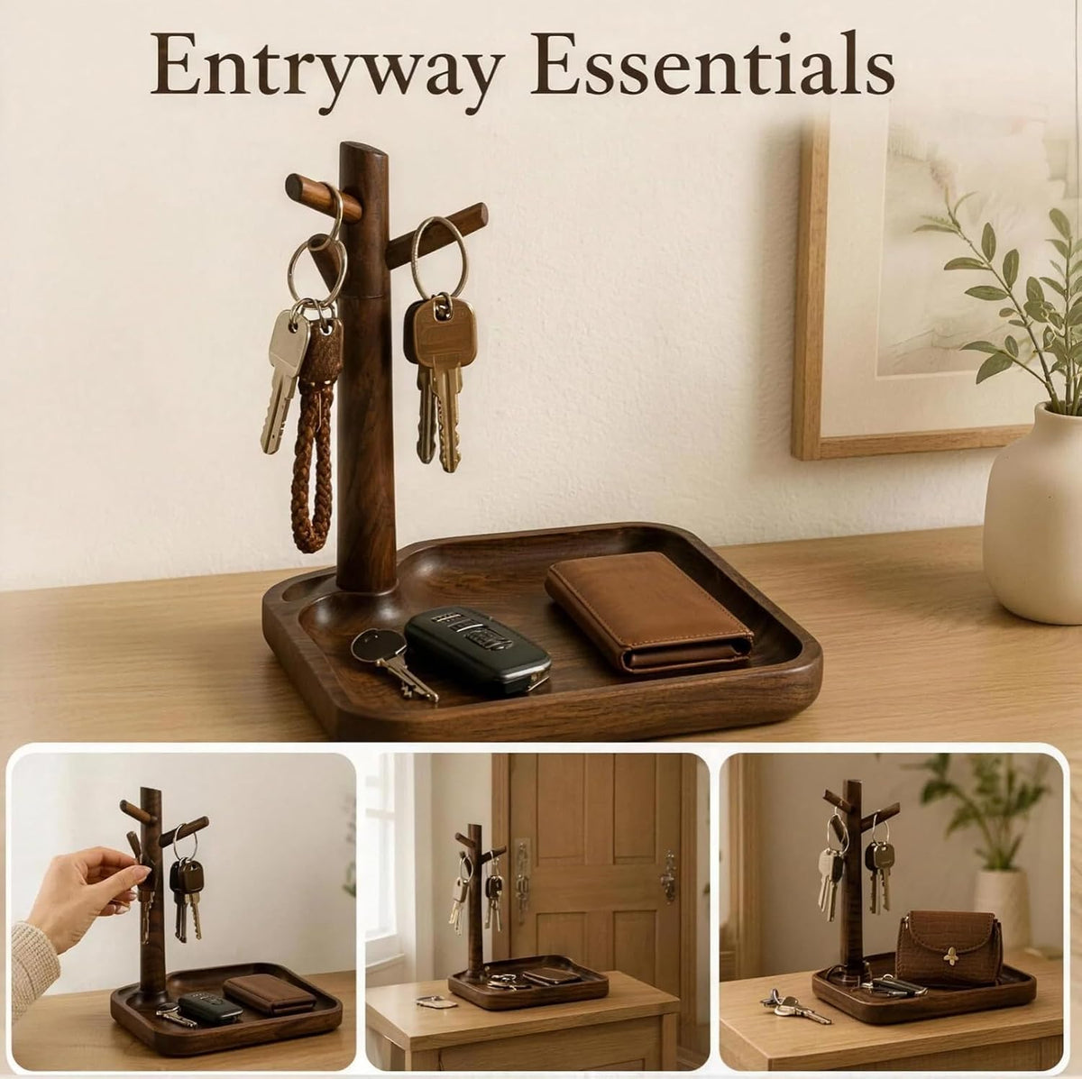 Walnut Tray, Entryway Key Organizer with Tree Hooks for Keys and Jewelry