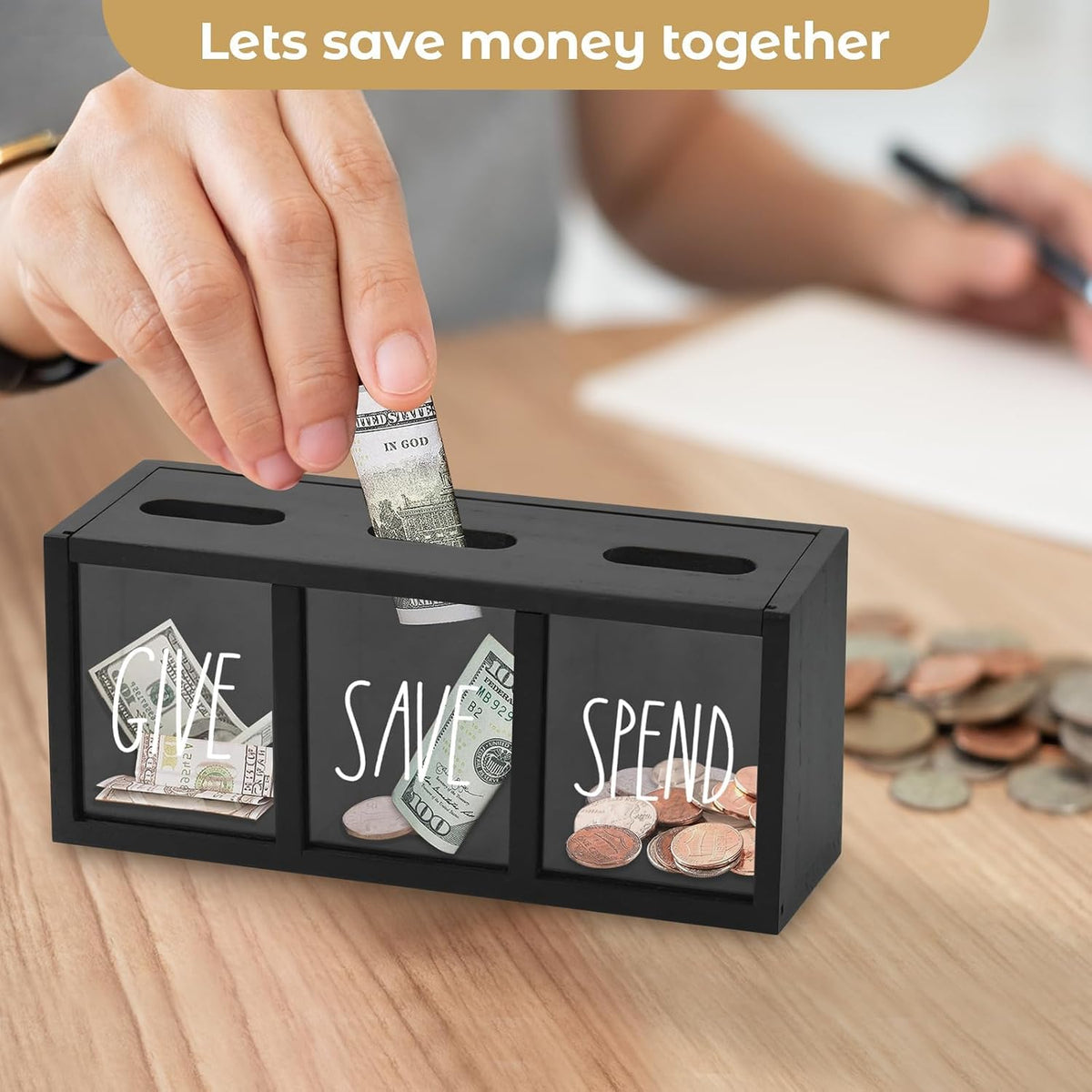 2 Pcs Piggy Bank for Kids Girls Boys, Wooden Give Save Spend Bank for Money Saving Box, Rustic Coin Banks for Adults, Change Coin Jar for Piggy Bank Toy, Early Ideas for Kids