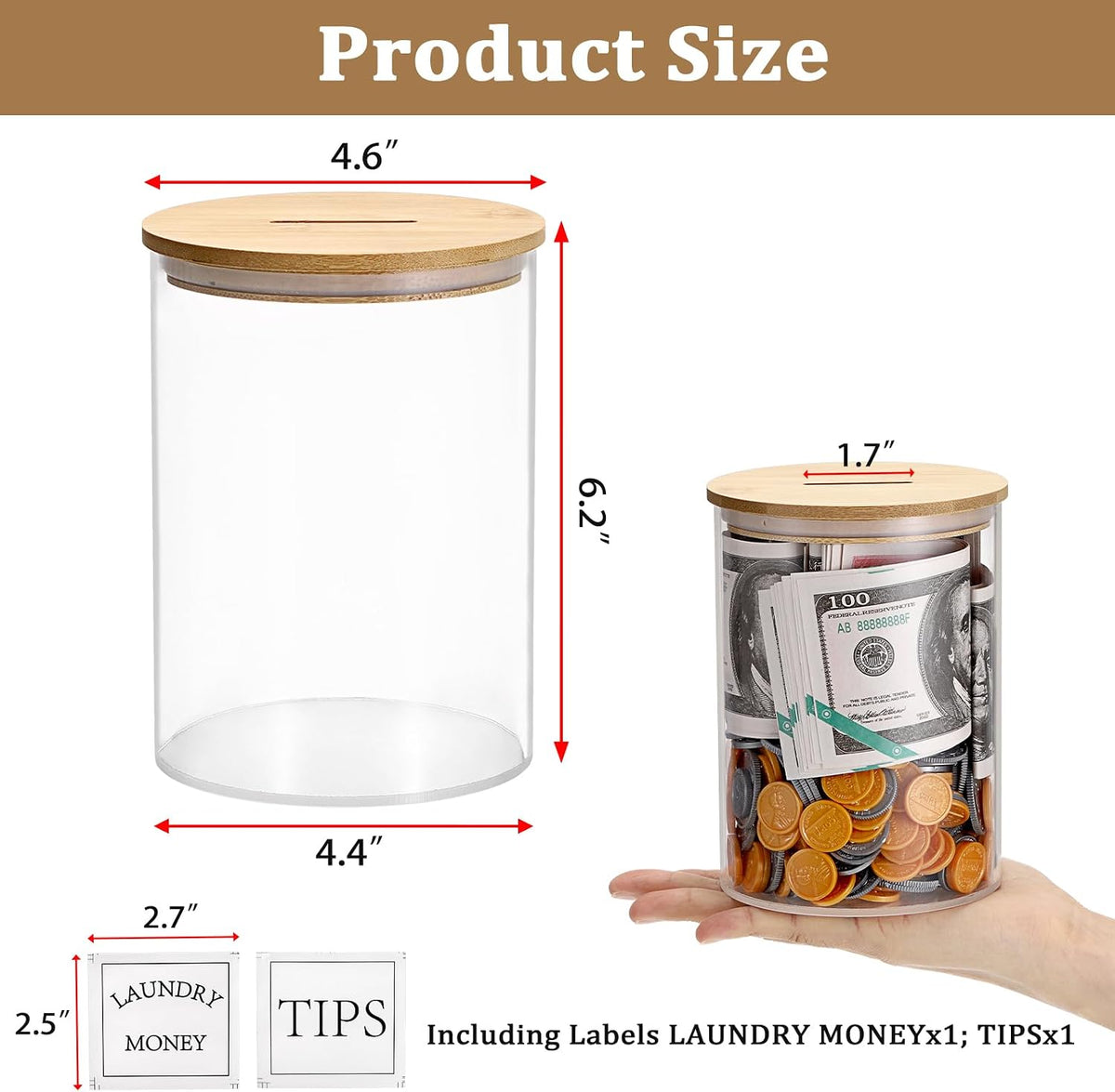 Laundry Room Coin Bank Jar with Money Slot and Wooden Lid for Adult