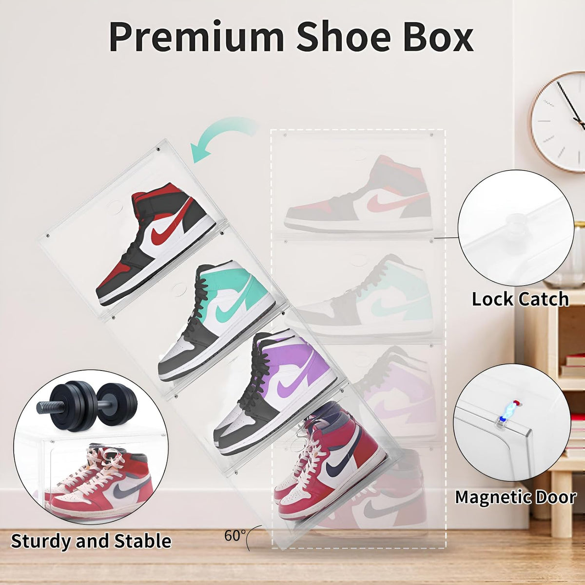 Large Clear Plastic Stackable Shoe Boxes 8-Pack, Drop Side Shoe Organizers