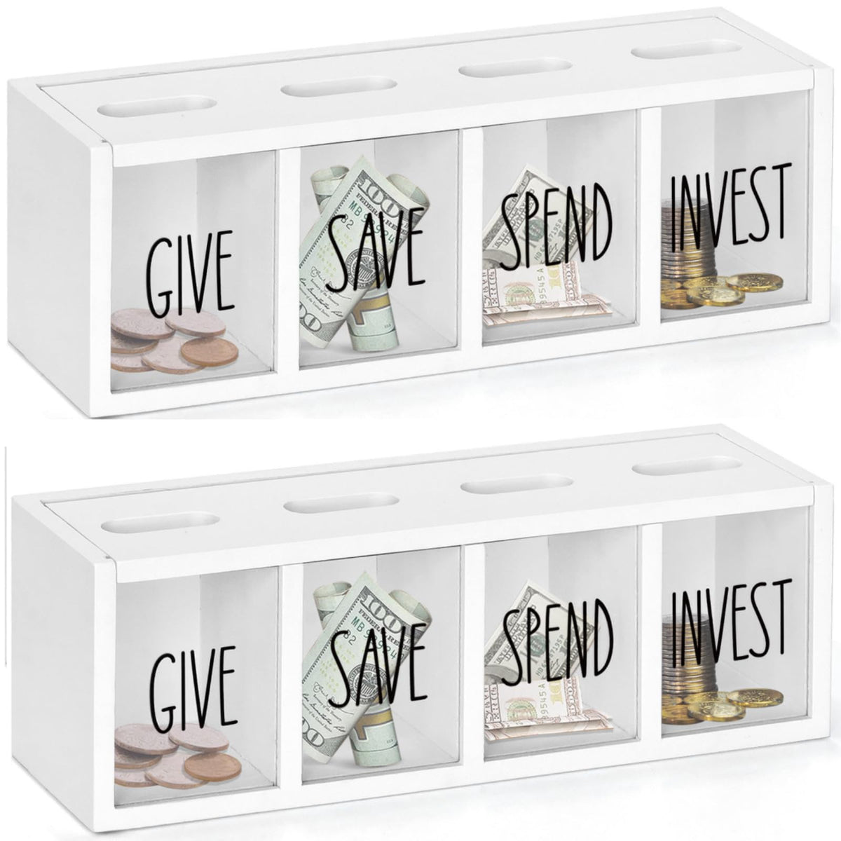 2 Pcs Piggy Bank for Kids Girls Boys, Wooden Give Save Spend Bank for Money Saving Box, Rustic Coin Banks for Adults, Change Coin Jar for Piggy Bank Toy, Early Ideas for Kids