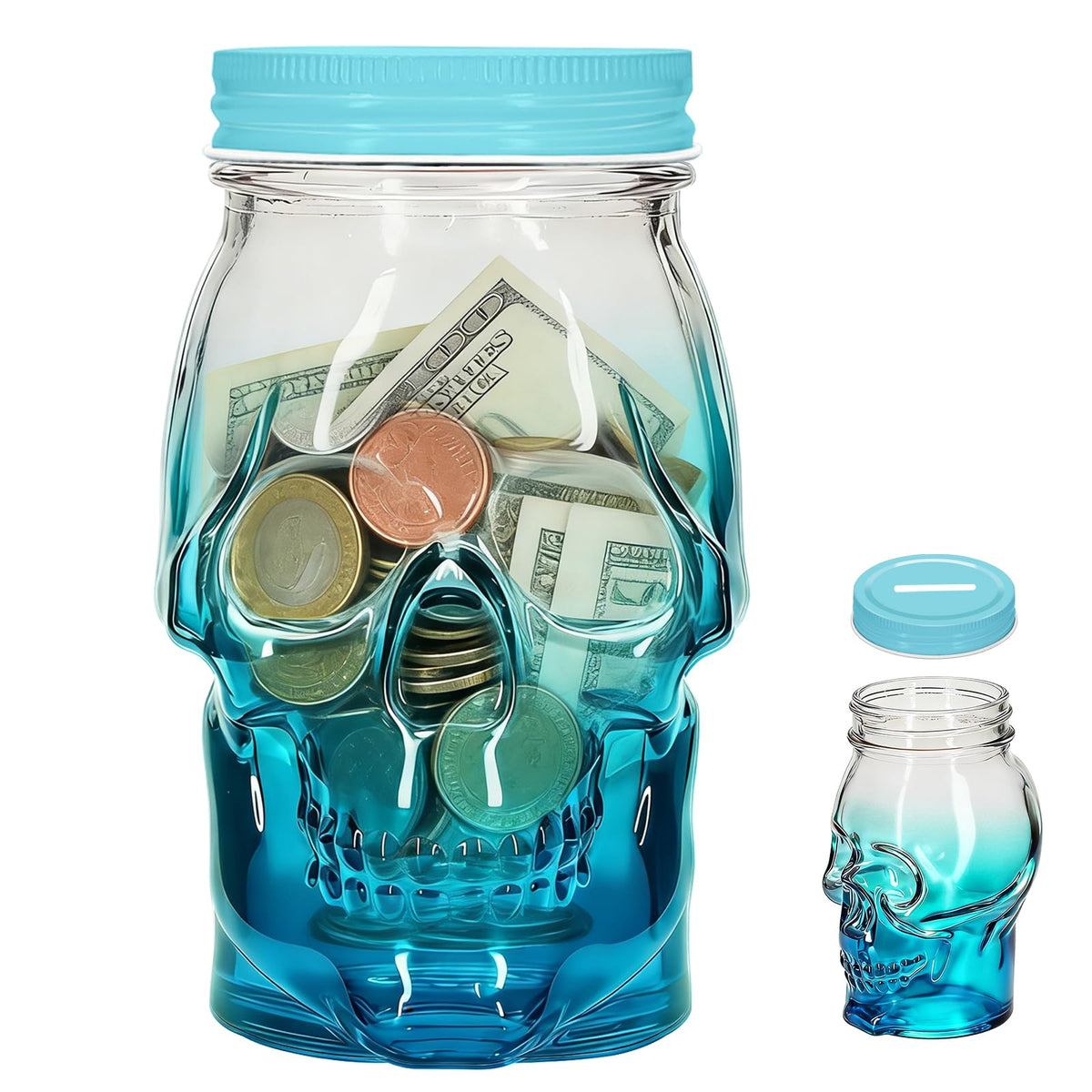 1Pack 16 OZ Skull Glass Coin Bank with Metal Lid, Clear Glass Skull Money Jar with Coin Slot, Decorative Savings Jar, Halloween & Home Décor (Black)