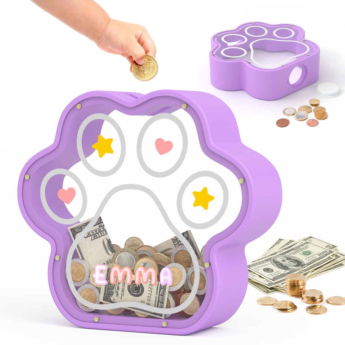 KMC Wooden Piggy Bank for Kids, Natural Cat Dog Paw Coin Bank with Stickers