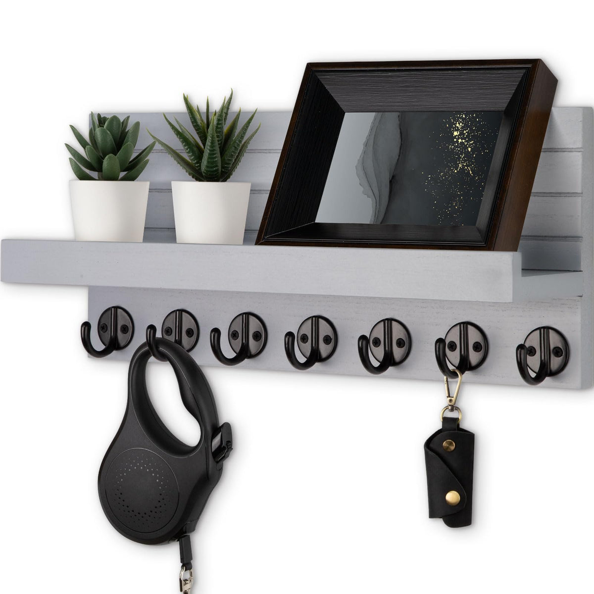 Lwenki Key Holder Wall Mount, Entryway Key and Mail Holder with 7 Sturdy Hooks for Sunglasses, Dog Leash, Decorative Wall Shelf with Mounting Hardware, 15”W x 6.7”H x 4.2”D
