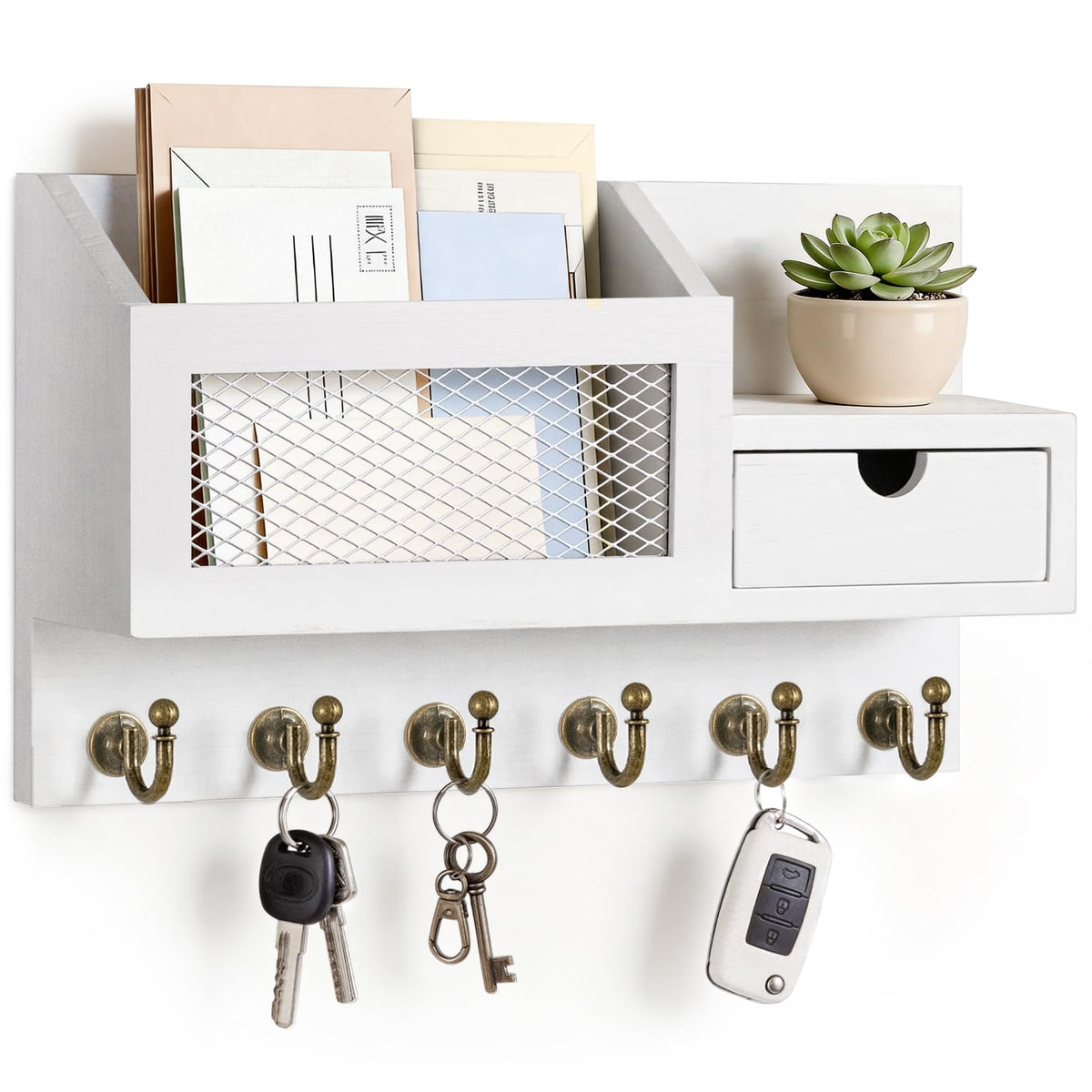 FifthQuarter Key Holder Wall Mount with Drawer and 6 Sturdy Hooks, A-Black