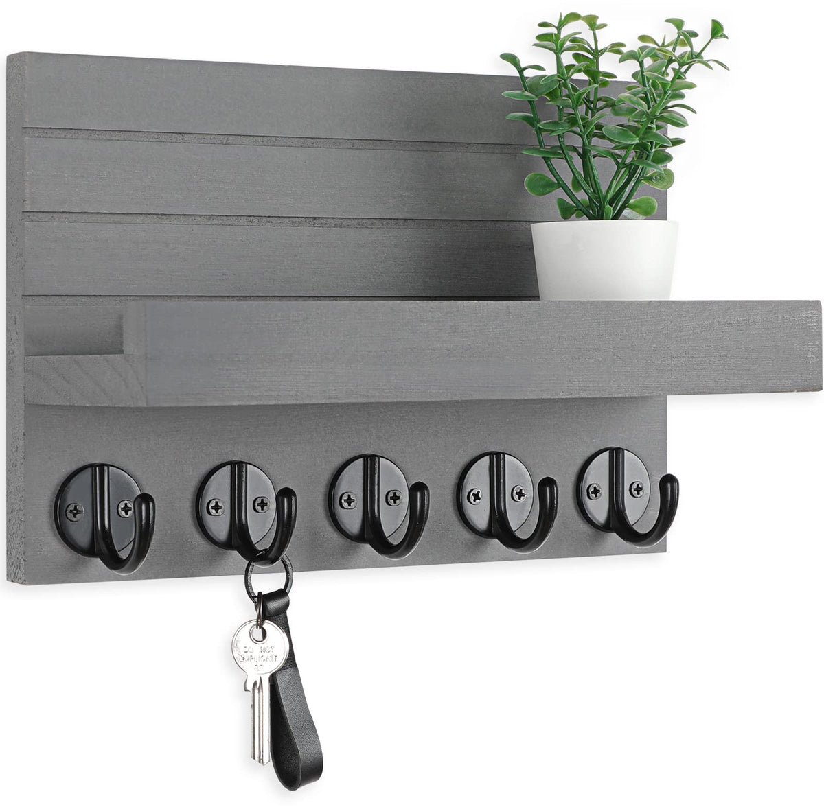 Lwenki Key Holder for Wall, Decorative Key and Mail Holder with Shelf Has Large Key Hooks for Bags, Coats – Paulownia Wood Key Hanger with Mounting Hardware (9.8”W x 6.7”H x 4.2”D) (Brown)