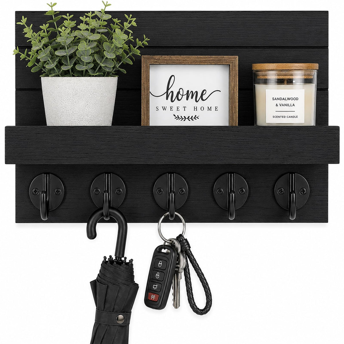 Key Holder for Wall, Decorative Key and Mail Holder, Key Holder Wall Mount with Shelf and Large Hooks, Easy Installation Key Rack for Entryway and Home Decor