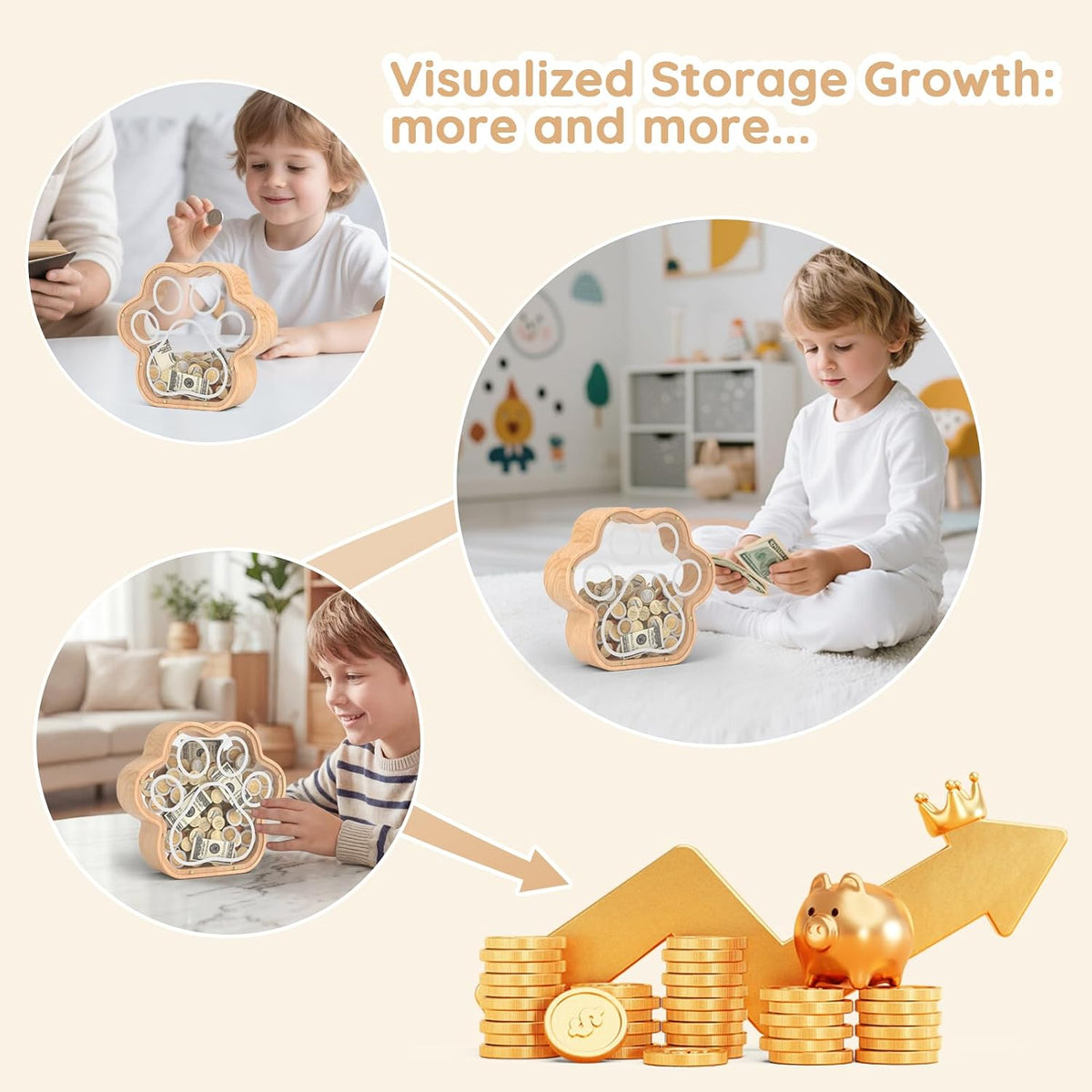 KMC Wooden Piggy Bank for Kids, Natural Cat Dog Paw Coin Bank with Stickers