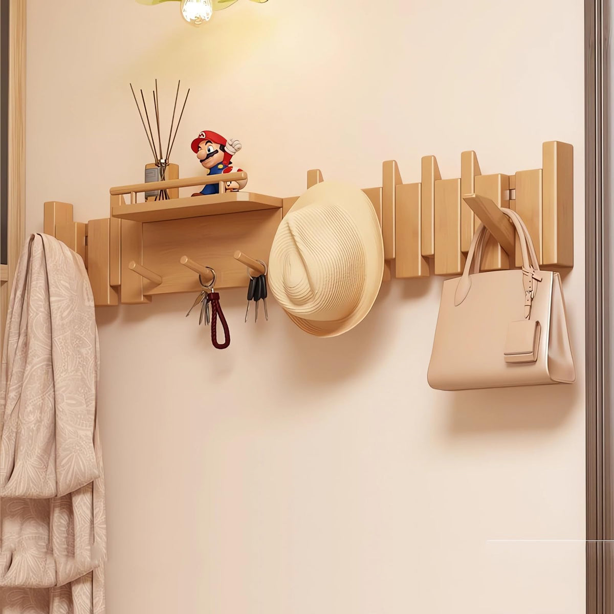 Paint Wood Wall Mounted Coat RackHooks Piano Key Hangers Natural Solid Wood Hanger Non-Woven Fabric Clothes Hangers for Closet, Kitchen, Bedroom, Bathroom, Entryway (Walnut-Beech, 8 Hooks)