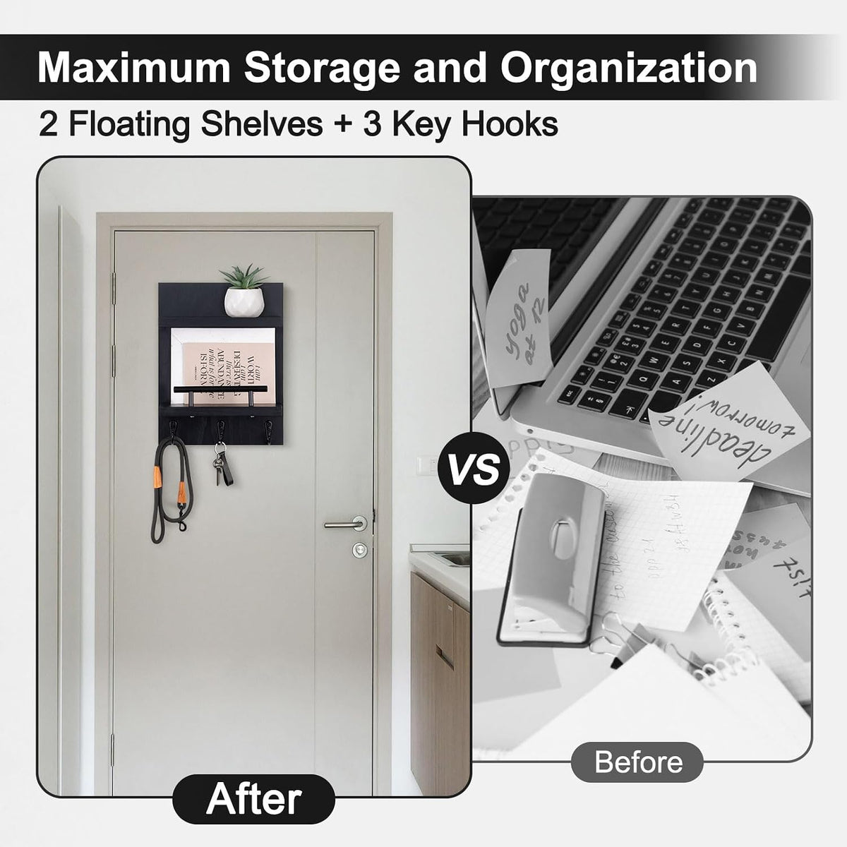 Magnetic Key Holder Wall Mount, Mail Shelf Decor with 3 Key Hooks