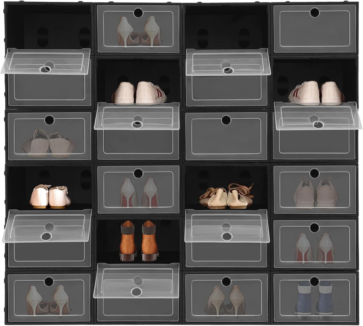 Shoe Storage Boxes 24 Pack Stackable Shoe Cabinet Organizer Sneaker Containers, Toy Storage Organizer Bins for Small Gear (Black)