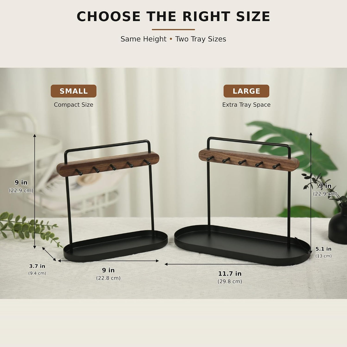 Shinpuru Key Holder Tray, Metal Stand, Walnut Wood Bar with 5 Hooks, Small