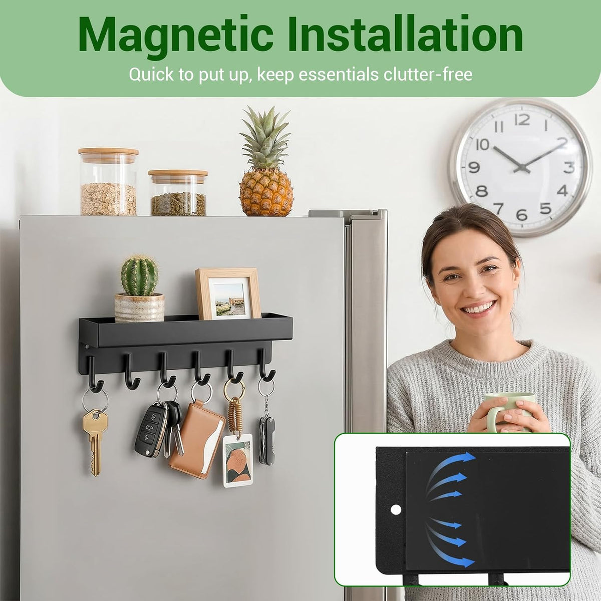 2 Pcs Magnetic Key Holder Wall Mount, Compact Metal Key-Rack with Tray, 6 Hooks Each, Black, Wall Mount Key Holder for Entryway Organization
