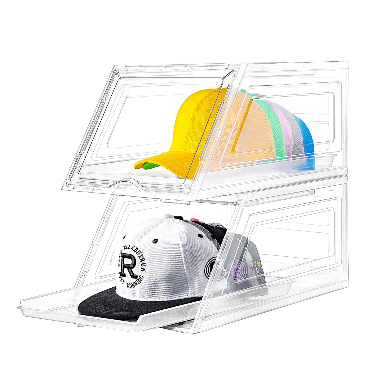 Stackable Clear Hat Organizer for Baseball Caps with Sliding Drawer