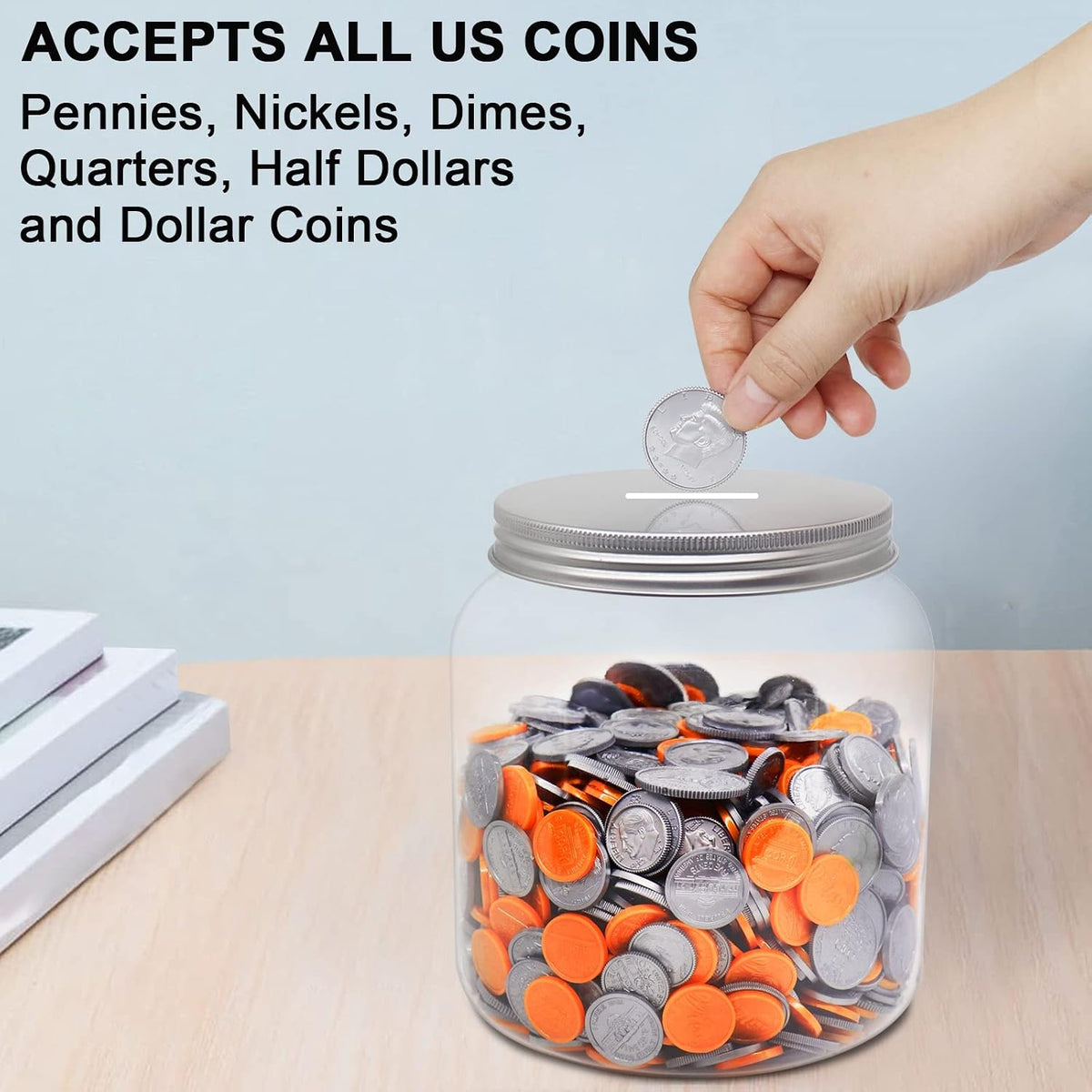 2-Pack Big Clear Plastic Coin Bank with Silver Slotted Lid, Large Plastic Coins Piggy Money Change Clear Bank Jar for Adults Teens Kids