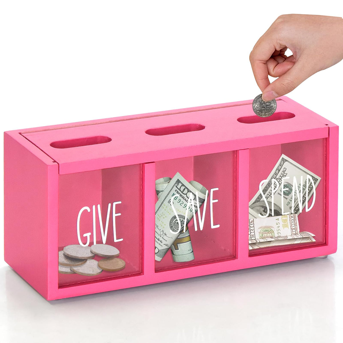 2 Pcs Piggy Bank for Kids Girls Boys, Wooden Give Save Spend Bank for Money Saving Box, Rustic Coin Banks for Adults, Change Coin Jar for Piggy Bank Toy, Early Ideas for Kids