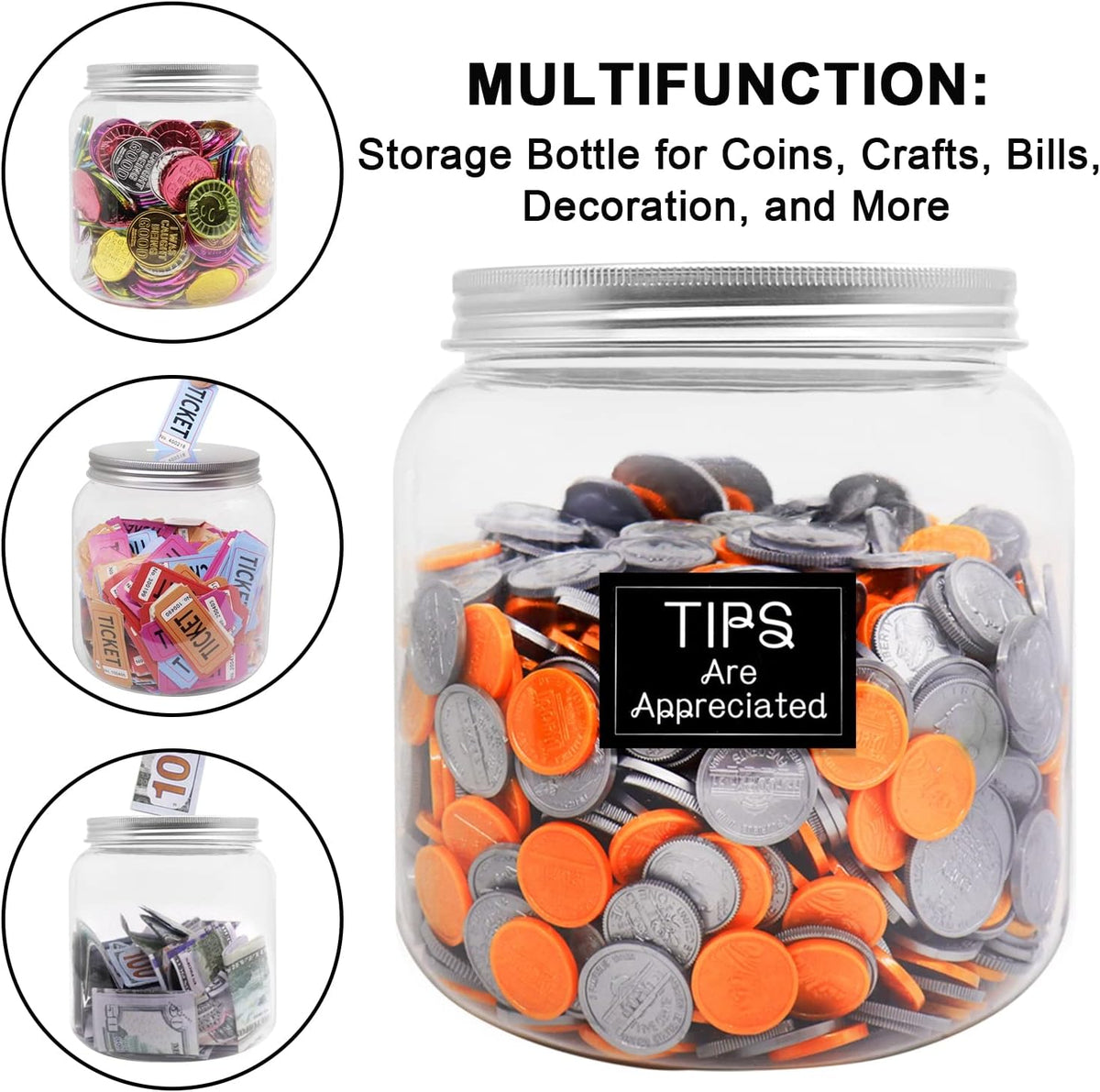 Large Coin Jar Bank, Big Clear Plastic Coin Money Tip Change Saving Piggy Jar with Silver Slotted Lid, Large Plastic Coins Piggy Money Change Clear Bank Jar for Adults Teens Kids Girls Boys