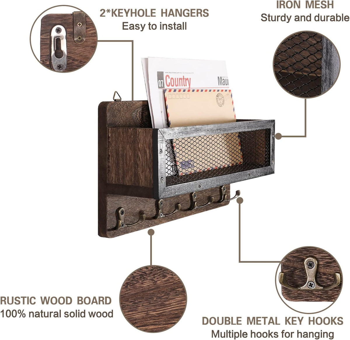 ADIIL Mail and Key Holder for Wall Decorative, Wooden Wall Mount Key Rack Hanger Organizer with 4 Double Key Hooks, Rustic Home Decor for Entryway Hallway, Brown