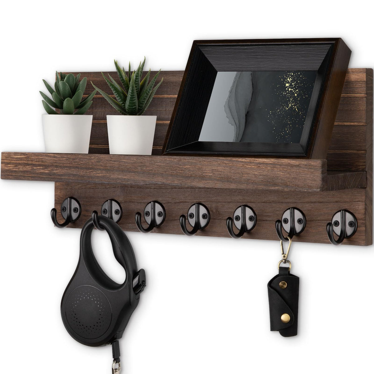 Lwenki Key Holder Wall Mount, Entryway Key and Mail Holder with 7 Sturdy Hooks for Sunglasses, Dog Leash, Decorative Wall Shelf with Mounting Hardware, 15”W x 6.7”H x 4.2”D